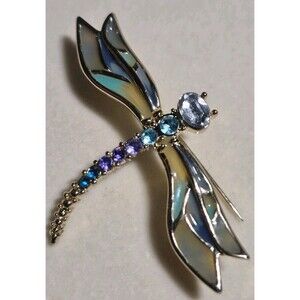 Dragonfly Pin Broach Purple Blue Clear Stones Gold Tone Setting